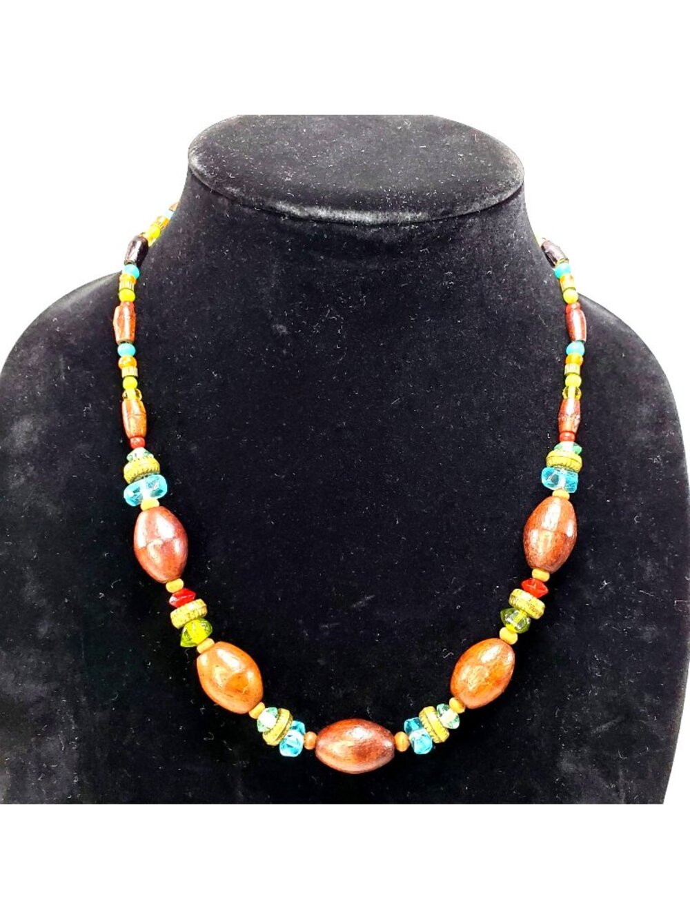 Boho Wooden & Glass Beaded Necklace With Adjustable Lobster Clasp Hippie
